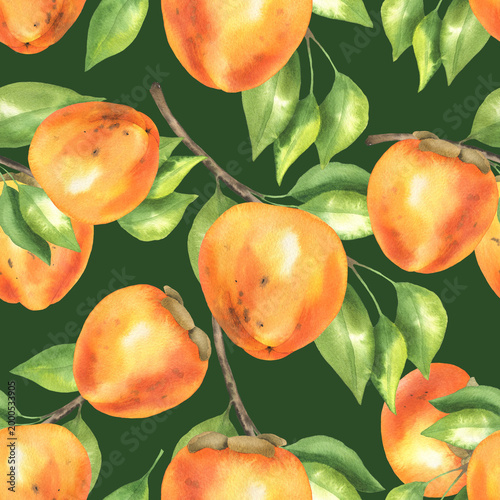 Seamless pattern of persimmons on branches deep green
