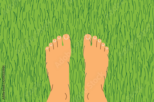 bare feet standing on green grass, natural lifestyle concept, summer outdoor relaxation, eco wellness theme- vector illustration