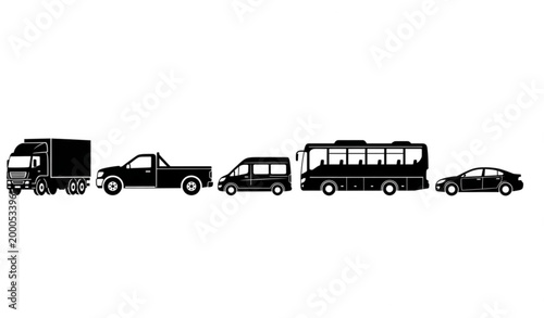 Truck pickup van bus and car vector set with transport vehicles flat side view collection