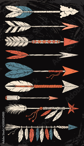 Nine vertical decorative arrows chalk style tribal feathers rustic vector