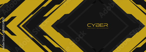 Dark yellow cyber geometric abstract background, layered angular chevrons, glossy black panels, metallic textures, high contrast lighting, central CYBER label, futuristic interface mood, sleek minimal