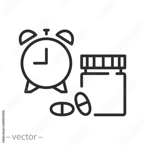 Time to take your pills icon, medicine time, pill intake reminder, thin line symbol 