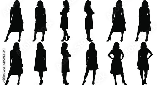 Diverse collection of elegant women silhouettes showcasing various poses and styles against a white background
