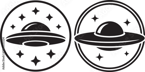 Flying saucer UFO icon with stars in circle
