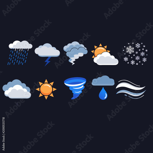 Weather conditions icons collection sun rain snow storm lightning tornado vector