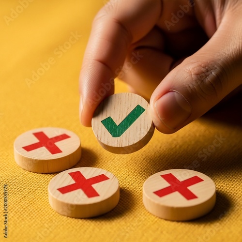 Decision made Hand chooses green checkmark from wooden discs, signifying approval and successful completion of a task
