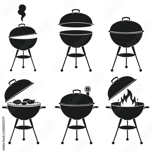 Barbecue grill designs covered open smoking flaming vector minimalist flat