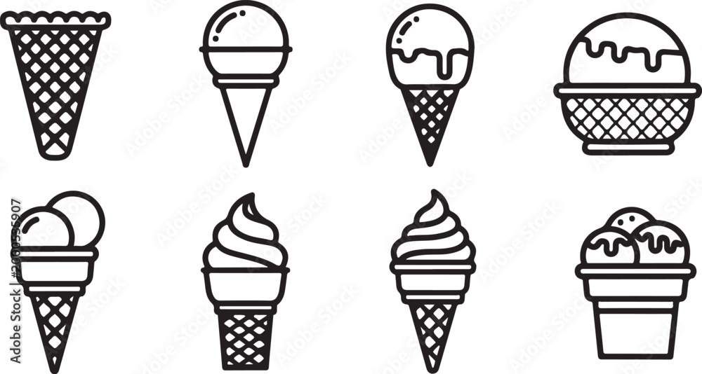 Fototapeta premium Set of eight cartoon ice cream cones with faces isolated vector icons Vector