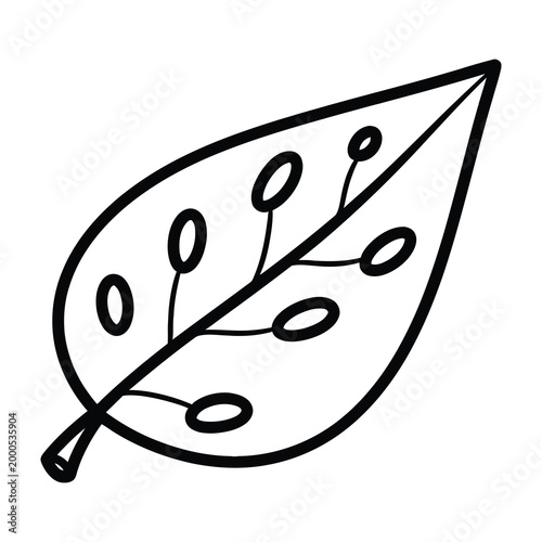 Black line drawing of a leaf with oval spots on white background