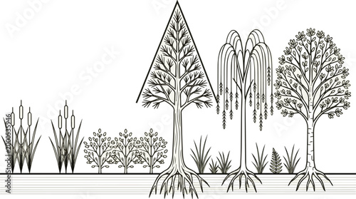 Create a realistic Architectural Drawings, Minimal style cad tree line drawing, Side view, set of section wetland forest outline for landscape design drawing. Vector art.