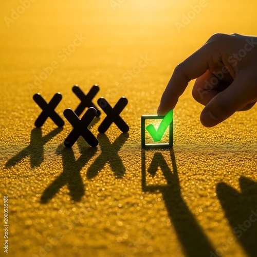 Decisive action a hand selects a bright green checkmark, representing a correct choice and approval, standing out against multiple black 'X' tokens
