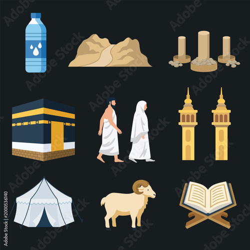 Hajj pilgrimage Muslim Symbol Illustration Set