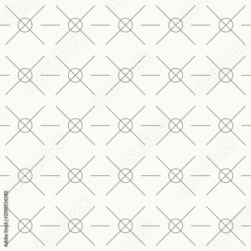 Diagonal cross grid with circular nodes and horizontal links seamless pattern in minimal line design, geometric, abstract, symmetry vector