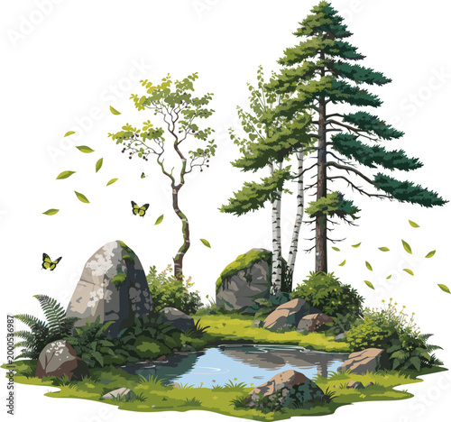 Create a realistic Green summer vector landscape with meadows and trees vector art with white background..