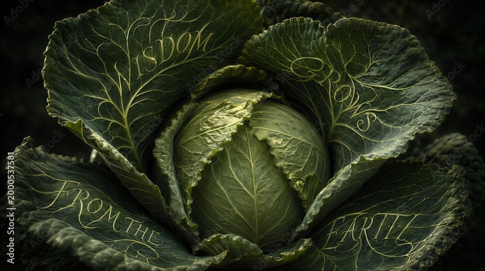 Fototapeta premium Organic Cabbage with Wisdom Grows From The Earth Text, Deep Green Leaves, Natural Growth Concept with space for text