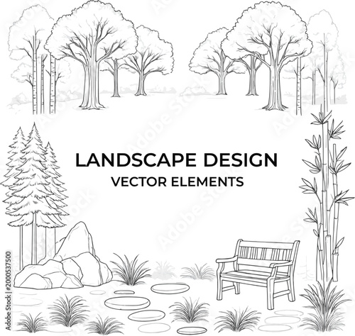 Create a realistic kinds of deferent Minimal style cad tree line drawing, Side view, set of graphics trees elements outline symbol for architecture and landscape design drawing. Tropical, vector art.