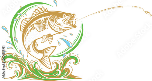 Large mouth bass jumping out of water with green waves and fishing line