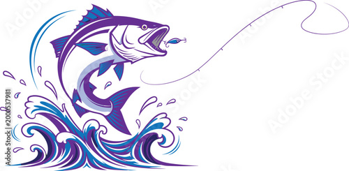Large purple fish jumping out of water with fishing line and hook