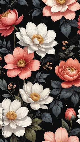 Vintage Floral Pattern White Peach Camellia Blooms.