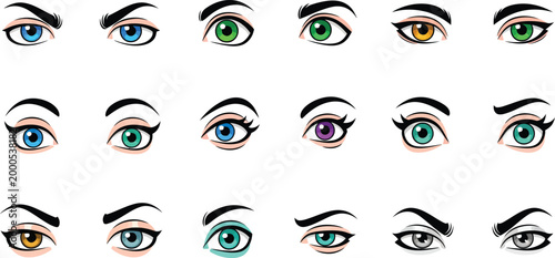 Collection of cartoon anime style eyes with various colorful iris and eyebrow designs
