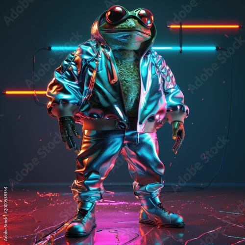 Stylish anthropomorphic frog in shiny outfit with neon lights. AI-generated.