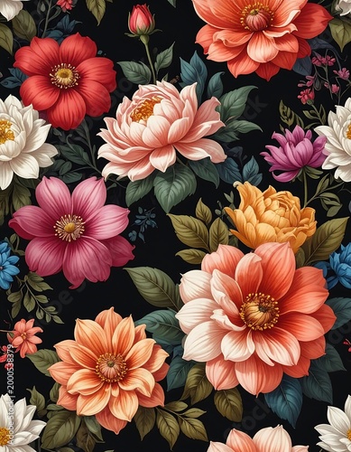 Vintage Floral Seamless Pattern with Colorful Peonies.