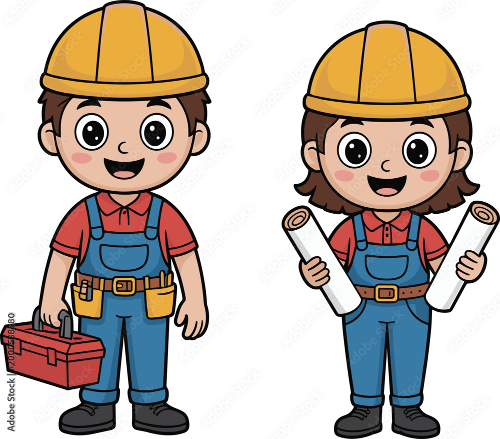 Fototapeta premium cartoon construction workers characters engineer builder tools blueprint helmet safety industry illustration cute design maintenance repair project