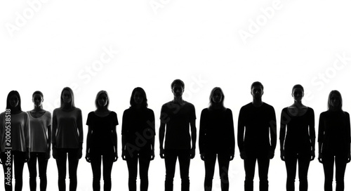 Group of Silhouettes Standing Together Against White Background.