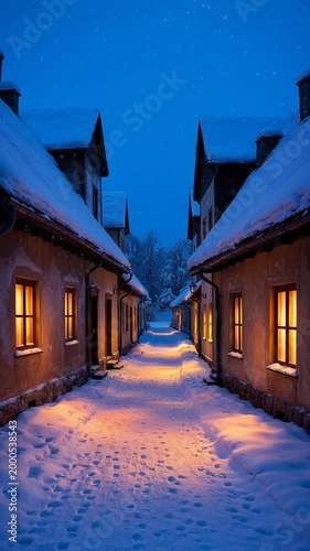 Snowy winter village scene at night with glowing windows
