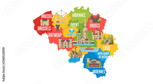 Belgium Map Illustration with Cities and Landmarks, Travel Concept