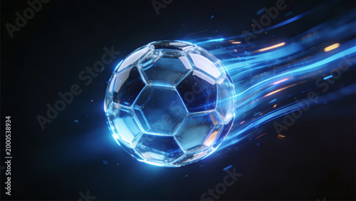 3D Futuristic Soccer Ball with Blue Fire Energy Trails and High Speed Motion