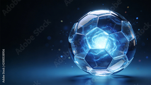 A 3d vector illustration of a blue crystal ball sphere on a black background designed as a symbolic soccer globe with stars representing a world competition goal