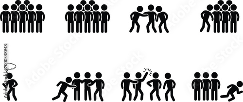 Conflict and crowd behavior icons set, people silhouettes, bullying, violence, social issues, group pressure, aggression, human interaction, warning concept illustration