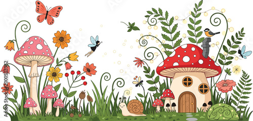 Whimsical illustration of a mushroom house in a lush garden with flowers butterflies and insects in a magical setting