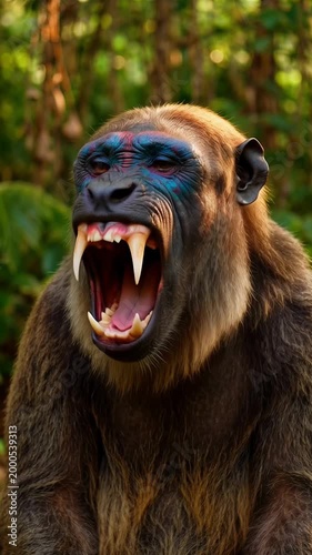 Roaring primate with vibrant face paint in jungle setting
