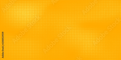 Yellow orange halftone pattern background. Retro comic style gradient background. Mesh pattern layer.  Square pixilated dot cartoon texture. Pop art faded gradient pattern. Vector backdrop. EPS10