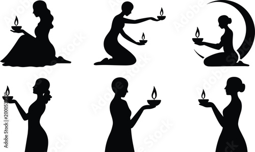 diwali woman silhouette holding diya lamp festival light indian culture celebration spiritual illustration traditional design collection