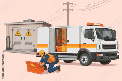 An electrician in overalls maintains a transformer substation. Power grid maintenance. Concept for utility services or public utilities. Specialized equipment with tools. Vector illustration. Accident