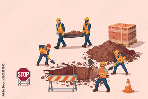 A construction crew digs a pit or foundation pit. Workers use shovels and stretchers while maintaining safety. Red brick. Excavation and construction work. Vector illustration.