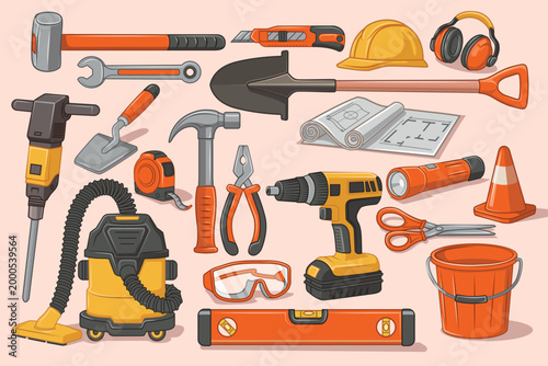 A set of construction tools and safety equipment in vector. Drawings include a drill, hammer, hard hat, level, vacuum cleaner, and jackhammer. Illustration for repair, construction, DIY, and maintenan