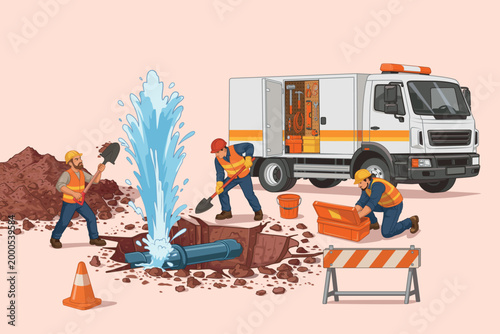 Plumbing repair. An emergency crew fixes a burst pipe. Special equipment and workers in protective gear. Utilities and infrastructure repair concept. Excavation work. Vector illustration.
