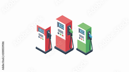 Isometric Gas Pump Set for Fuel Dispensing on White Background