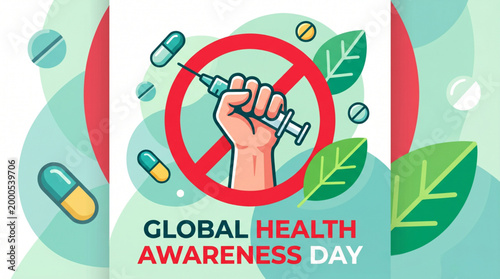 Health awareness campaign concept illustration with anti drug message syringe prohibition symbol and medical elements for global safety education poster design