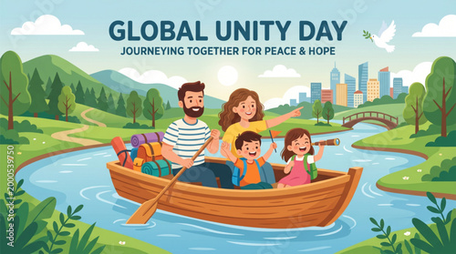 Global unity day celebration with family boating in nature landscape showing peace togetherness happiness and harmony for community awareness banner and social campaign design