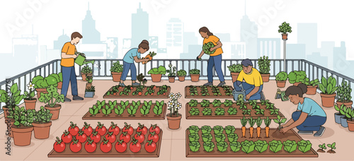 People gardening plants on a rooftop with city view