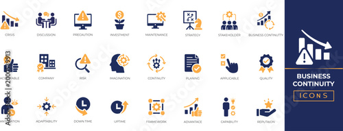 Business Continuity icon set. Containing business, resilience, continuity, acceptable, reputation, strategy, operation, analysis, and more. Solid icon collection.