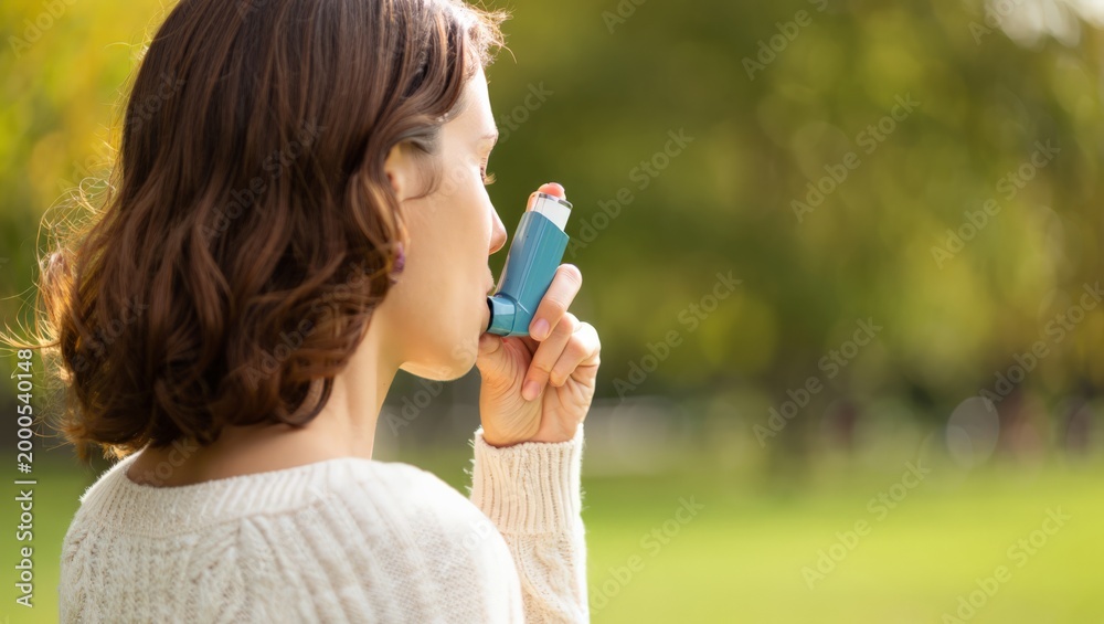 Obraz premium A woman uses an inhaler in a park, showcasing a moment of health and wellness in a serene outdoor setting.
