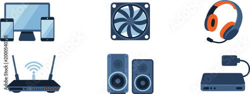 Modern electronic devices collection, computer, smartphone, router, speakers, cooling fan, headset, multimedia technology, connectivity, digital equipment, smart home concept illustration