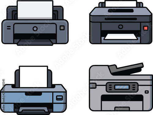 Modern printer collection, office printing devices, multifunction copier, inkjet laser printers, document output technology, business equipment, digital workflow illustration concept