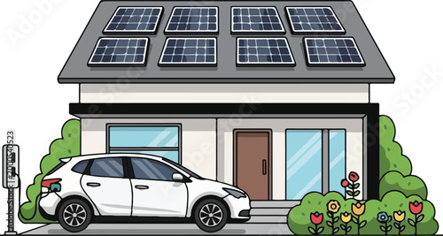 A white car charges at an electric vehicle station in front of a house with solar panels on the roof and flowers in the garden.